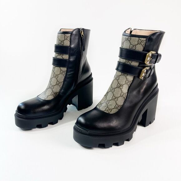 GUCCI Kensington Black Crystal Boots Size 40 Leather GG Monogram Supreme Combat - Picture 1 of 16